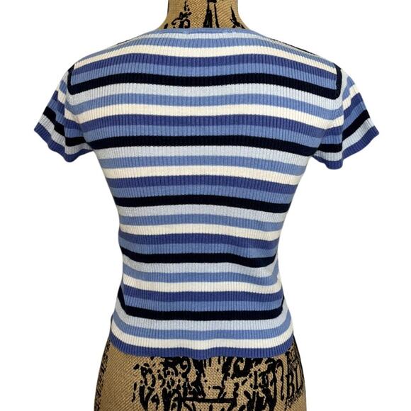 Vintage Baileys Point Striped Lace Up Short Sleeve Knit Crop Top Blue Size Large - Picture 2 of 4